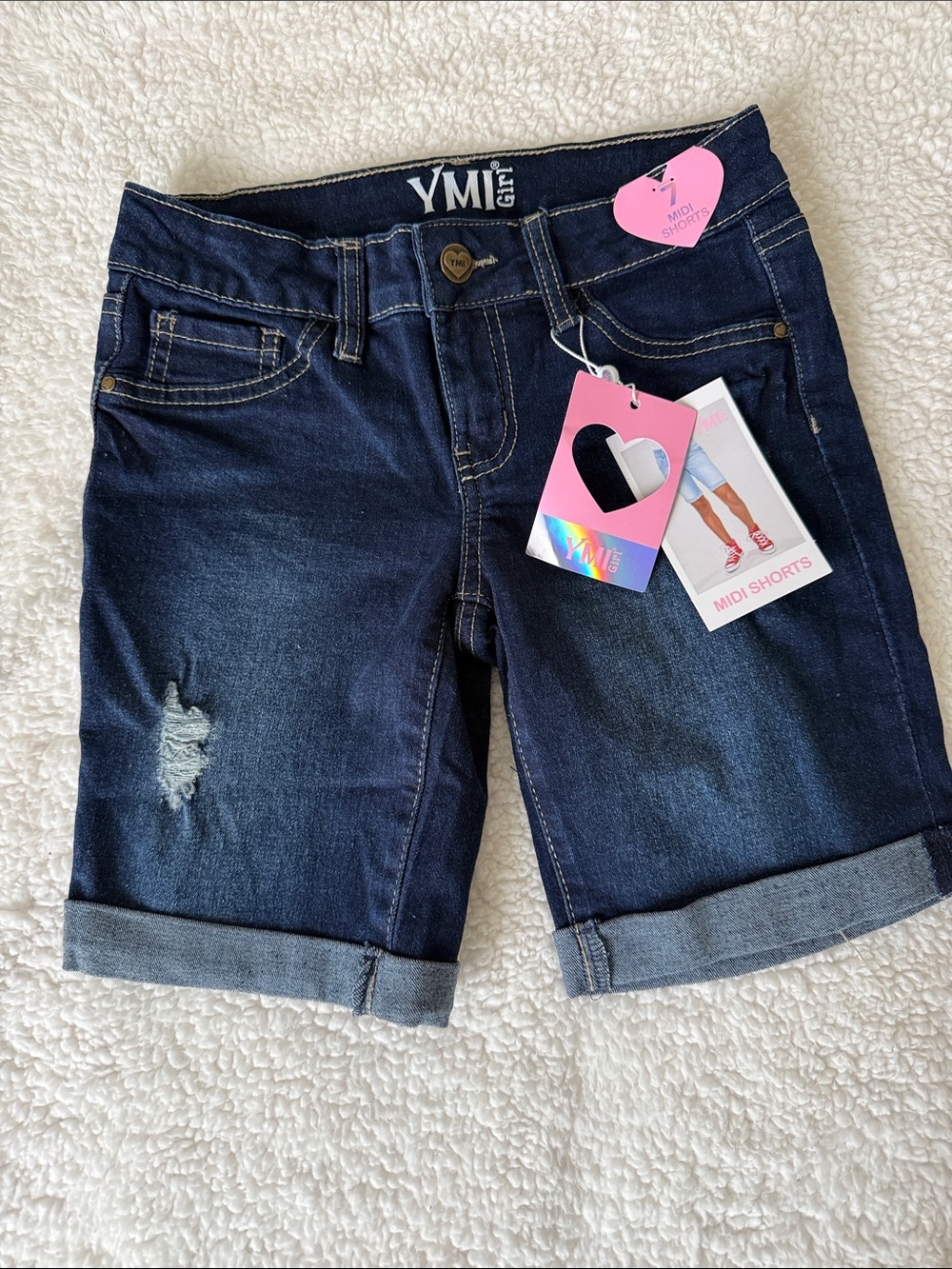 NEW YMI Girl Dark Wash Distressed Midi Shorts Size 7 GM50341